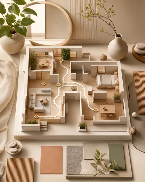 Maquette d’habitat illustrant la circulation, l’équilibre des zones, la lumière et les matières naturelles