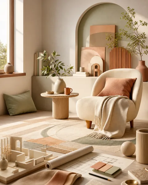 Intérieur chaleureux associant objets personnels, matières, lumière et plan d’aménagement