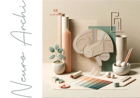 Illustration Archi Mind associant représentation du cerveau, matières, couleurs et formes architecturales