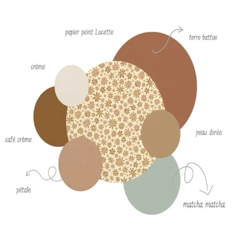 Planche chromatique associant des teintes terre, crème, pétale et vert doux